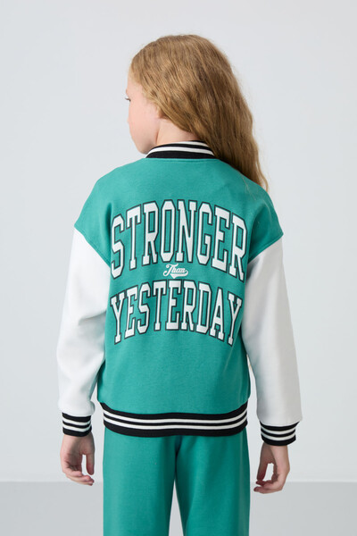 Tommylife Wholesale 7-15 Age Varsity Neck Standard Fit Girls Jacket 75163 Sea Green - Thumbnail