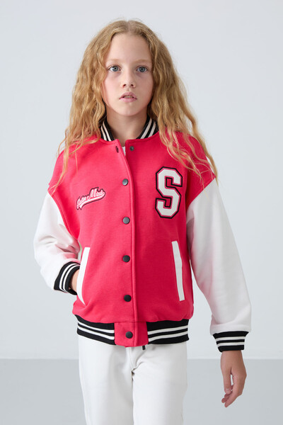 Tommylife Wholesale 7-15 Age Varsity Neck Standard Fit Girls Jacket 75163 Viva Red - Thumbnail