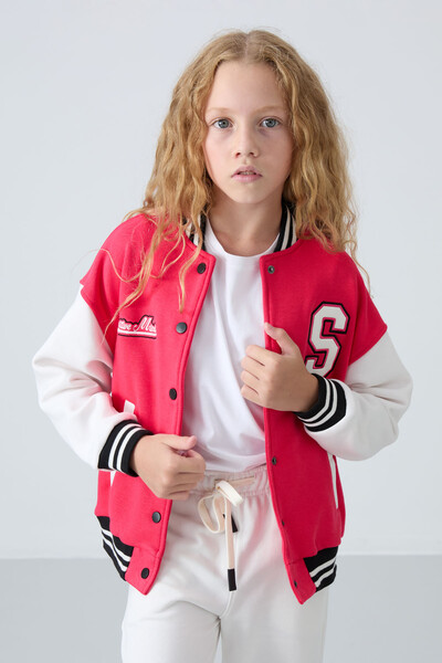 Tommylife Wholesale 7-15 Age Varsity Neck Standard Fit Girls Jacket 75163 Viva Red - Thumbnail