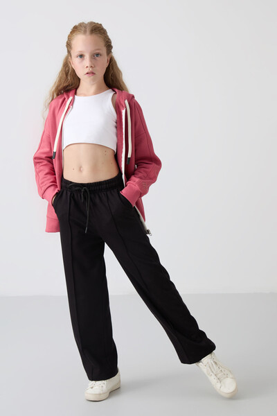 Tommylife Wholesale 7-15 Age Wide-Leg Standard Fit Girls Sweatpants 75144 Black - 2