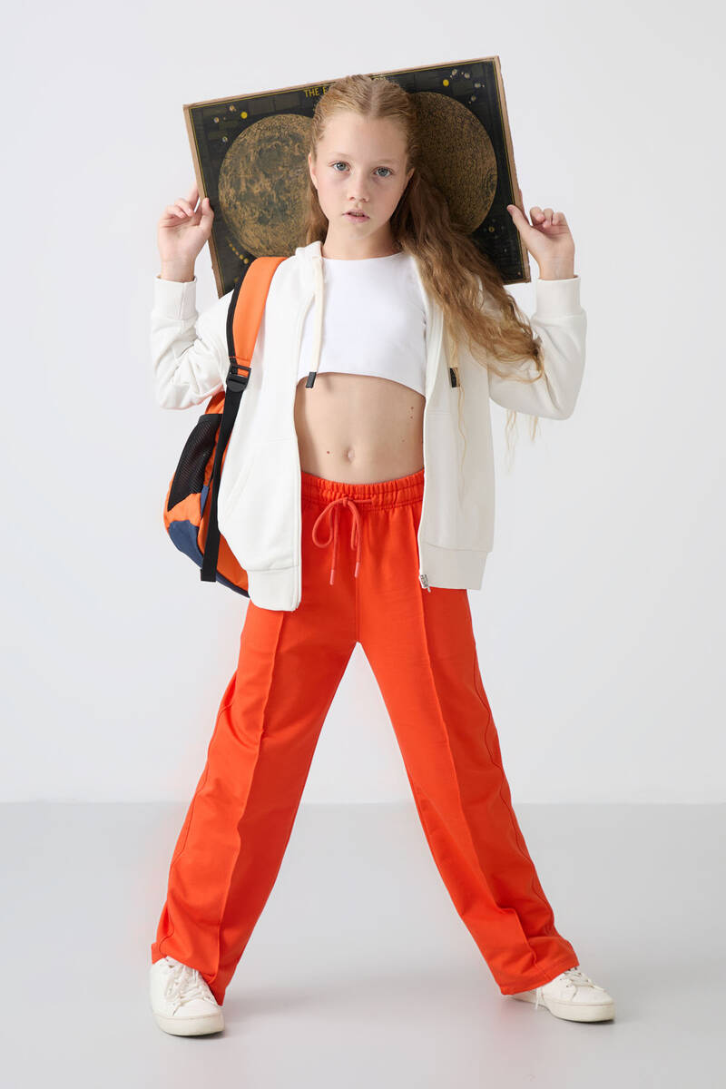 TommyLife - Tommylife Wholesale 7-15 Age Wide-Leg Standard Fit Girls Sweatpants 75144 Orange