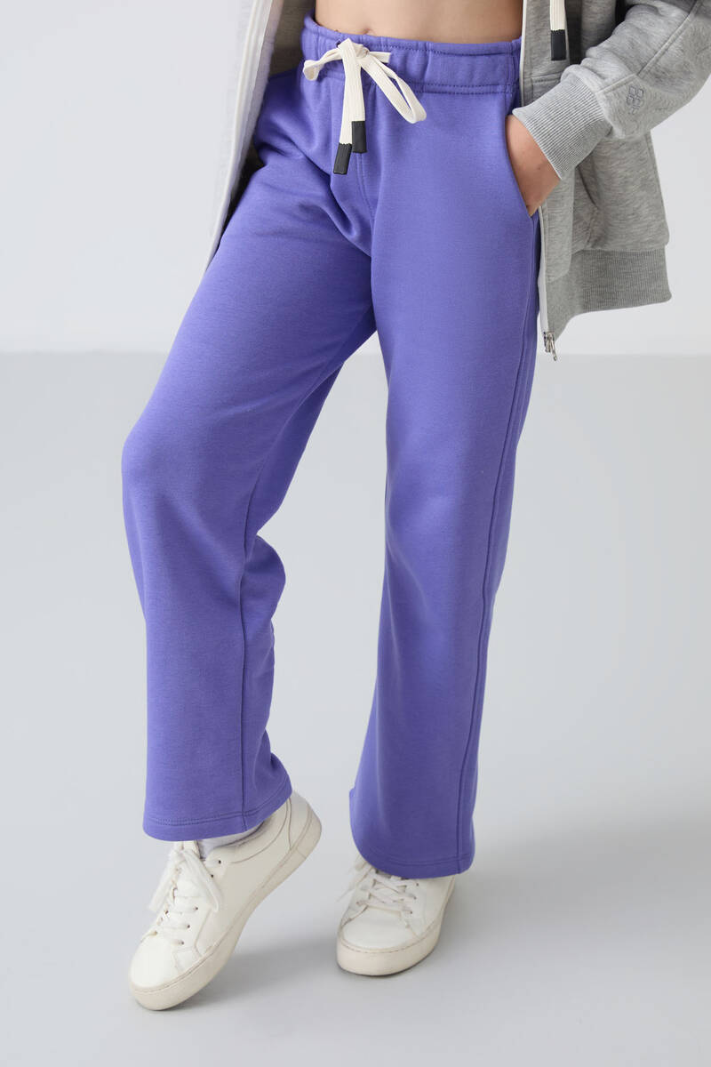 TommyLife - Tommylife Wholesale 7-15 Age Wide-Leg Standard Fit Girls Sweatpants 75146 Amethyst