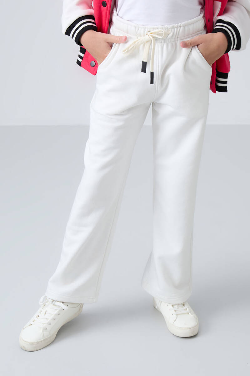 TommyLife - Tommylife Wholesale 7-15 Age Wide-Leg Standard Fit Girls Sweatpants 75146 Ecru