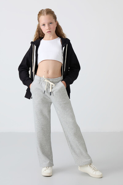 Tommylife Wholesale 7-15 Age Wide-Leg Standard Fit Girls Sweatpants 75146 Gray Melange - Thumbnail