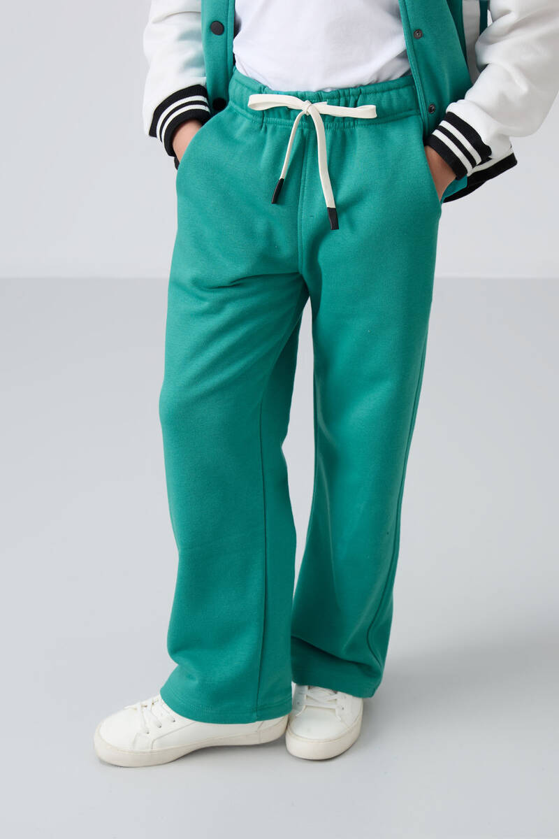 TommyLife - Tommylife Wholesale 7-15 Age Wide-Leg Standard Fit Girls Sweatpants 75146 Sea Green