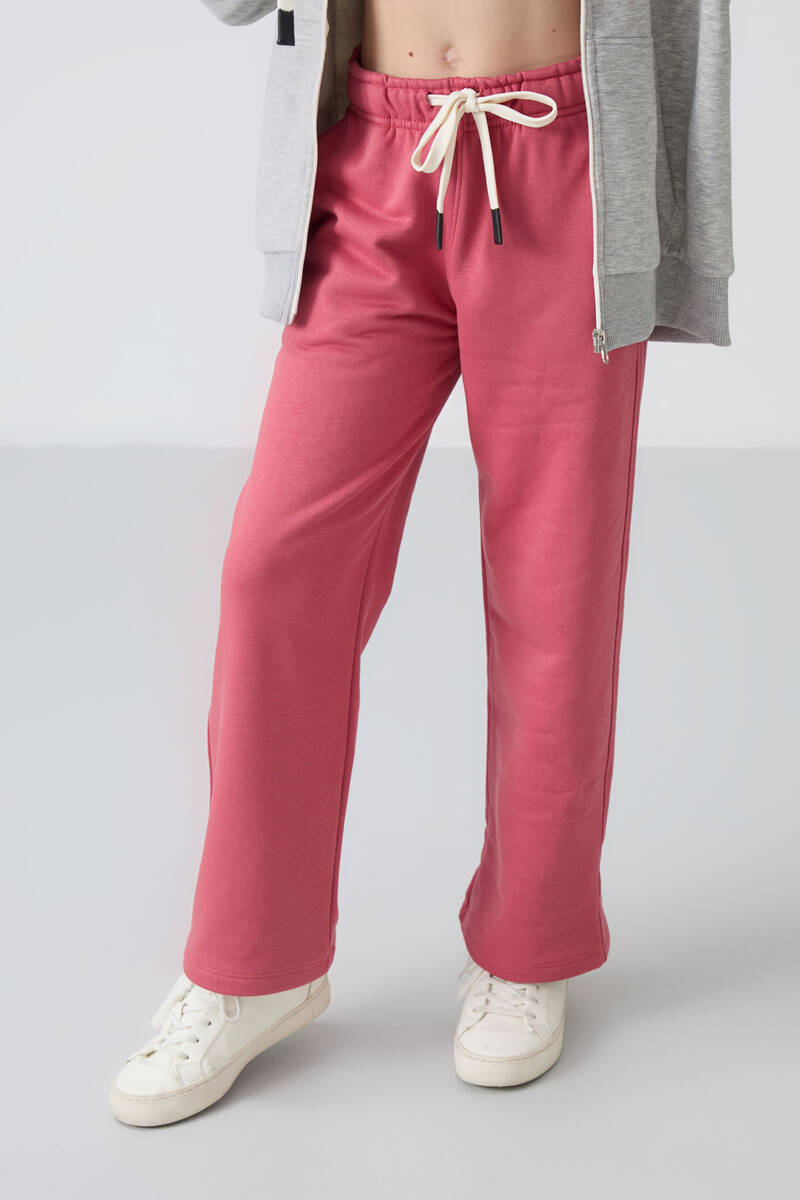 TommyLife - Tommylife Wholesale 7-15 Age Wide-Leg Standard Fit Girls Sweatpants 75146 Wild Rose