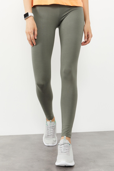 Tommylife Wholesale Almond Green High Waist Body-Hugging Slim Fit Skinny Leg Women's Leggings - 94011 - Thumbnail