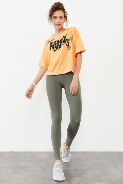 Tommylife Wholesale Almond Green High Waist Body-Hugging Slim Fit Skinny Leg Women's Leggings - 94011 - Thumbnail