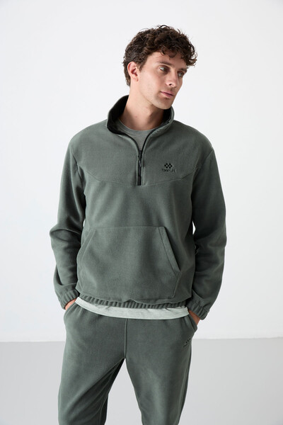 Tommylife Wholesale Almond Green With Half Zipper Neckband Elastic Hem Men's Fleece Set - 85159 - 2