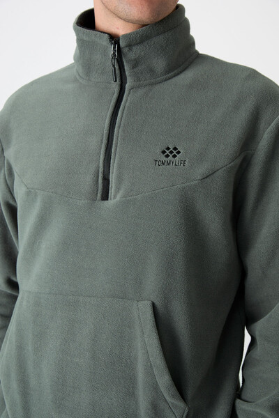 Tommylife Wholesale Almond Green With Half Zipper Neckband Elastic Hem Men's Fleece Set - 85159 - 5