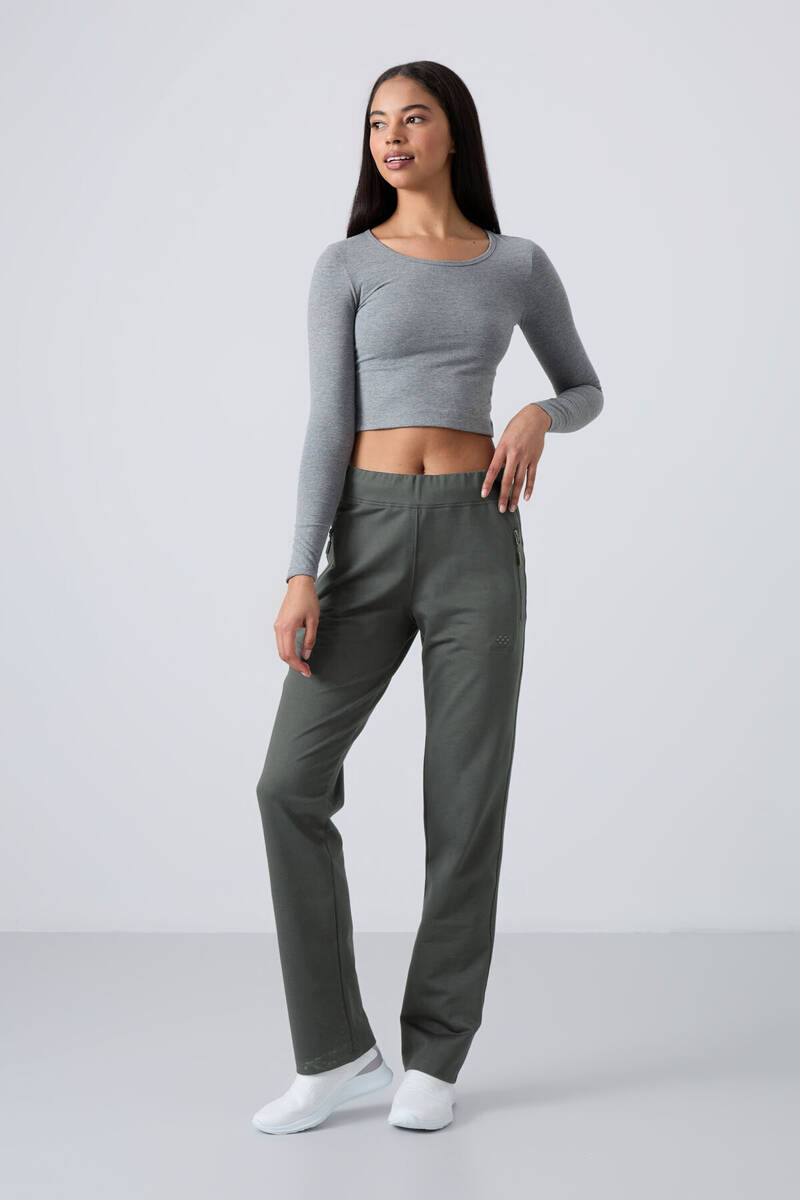 TOMMYLIFE - Tommylife Wholesale Almond Green With Zipper Pocket Comfy Classic Hem Women's Sweatpants - 94195