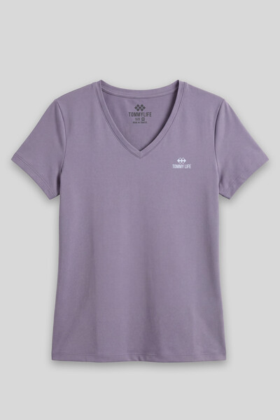 TOMMYLIFE - Tommylife Wholesale Amethyst Basic Short Sleeve Standard Mold V Collar Women's T-shirt - 97145
