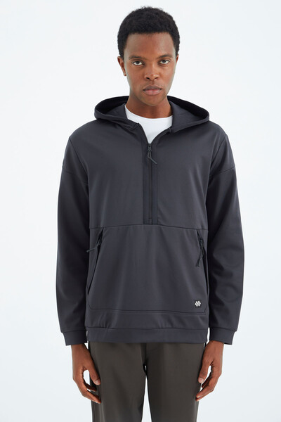 Tommylife Wholesale Anthracite Hooded Half Zip Relaxed Fit Men's Sweatshirt - 88274 - Thumbnail