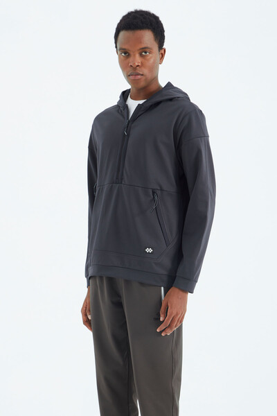 Tommylife Wholesale Anthracite Hooded Half Zip Relaxed Fit Men's Sweatshirt - 88274 - Thumbnail