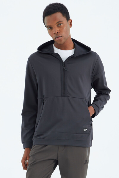 Tommylife Wholesale Anthracite Hooded Half Zip Relaxed Fit Men's Sweatshirt - 88274 - Thumbnail