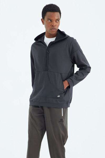 Tommylife Wholesale Anthracite Hooded Half Zip Relaxed Fit Men's Sweatshirt - 88274 - Thumbnail