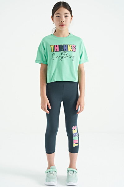 Tommylife Wholesale Aqua Green - Forest Green Printed Oversize Girls Crop Legging Set - 75133 - Thumbnail