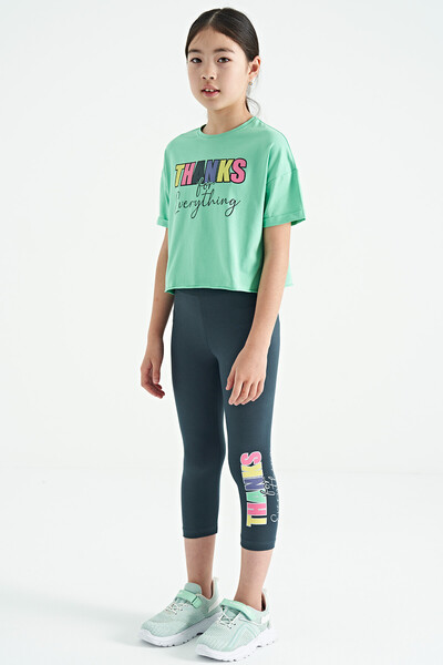 Tommylife Wholesale Aqua Green - Forest Green Printed Oversize Girls Crop Legging Set - 75133 - Thumbnail