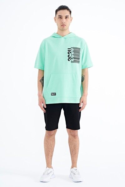 Tommylife Wholesale Aqua Green Hooded Kangaroo Pocket Oversize Men's T-shirt - 88196 - Thumbnail