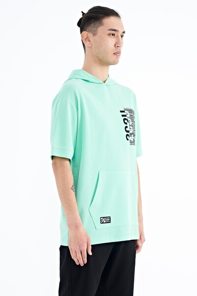 Tommylife Wholesale Aqua Green Hooded Kangaroo Pocket Oversize Men's T-shirt - 88196 - Thumbnail