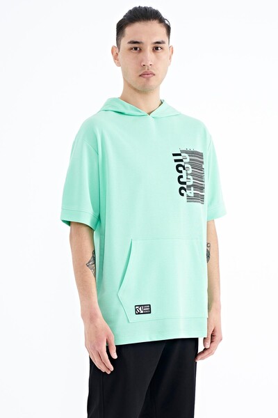 Tommylife Wholesale Aqua Green Hooded Kangaroo Pocket Oversize Men's T-shirt - 88196 - Thumbnail