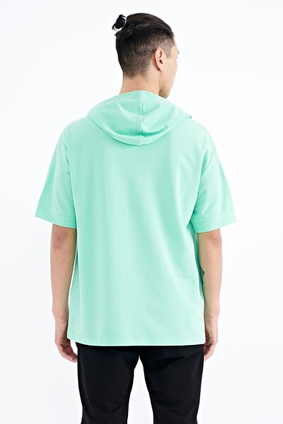 Tommylife Wholesale Aqua Green Hooded Kangaroo Pocket Oversize Men's T-shirt - 88196 - Thumbnail