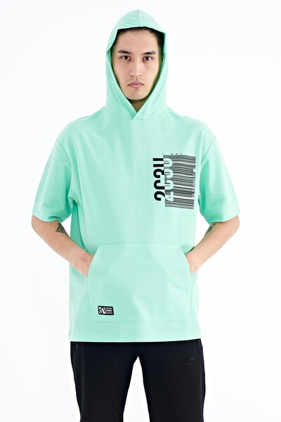 Tommylife Wholesale Aqua Green Hooded Kangaroo Pocket Oversize Men's T-shirt - 88196 - Thumbnail