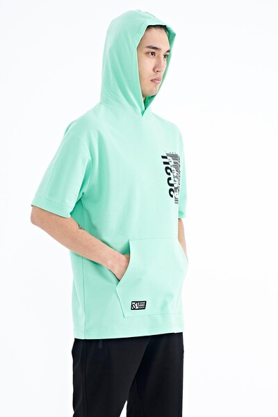 Tommylife Wholesale Aqua Green Hooded Kangaroo Pocket Oversize Men's T-shirt - 88196 - Thumbnail