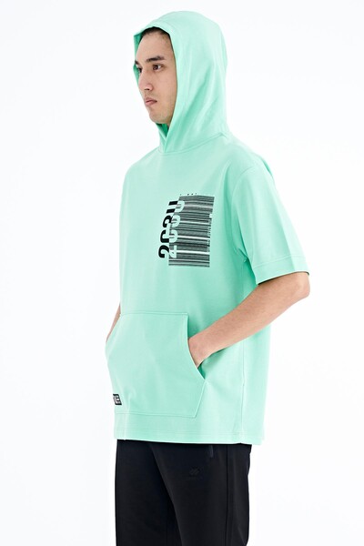 Tommylife Wholesale Aqua Green Hooded Kangaroo Pocket Oversize Men's T-shirt - 88196 - Thumbnail