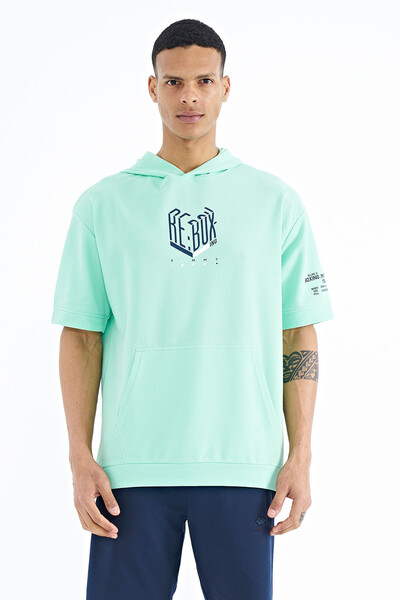 Tommylife Wholesale Aqua Green Hooded Oversize Men's T-shirt - 88194 - Thumbnail