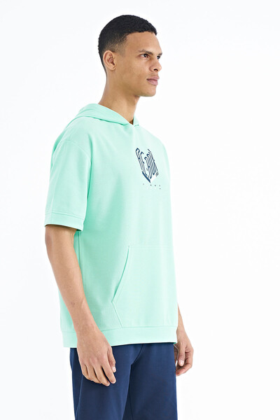 Tommylife Wholesale Aqua Green Hooded Oversize Men's T-shirt - 88194 - Thumbnail