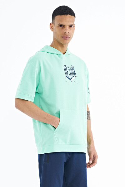 Tommylife Wholesale Aqua Green Hooded Oversize Men's T-shirt - 88194 - Thumbnail