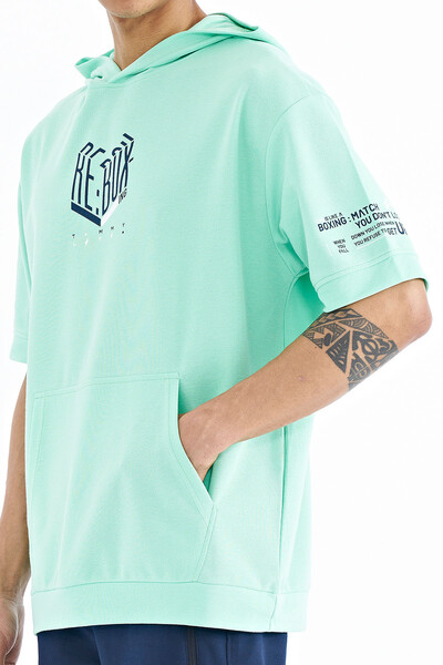 Tommylife Wholesale Aqua Green Hooded Oversize Men's T-shirt - 88194 - Thumbnail