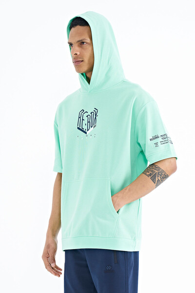 Tommylife Wholesale Aqua Green Hooded Oversize Men's T-shirt - 88194 - Thumbnail