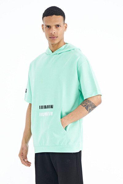 Tommylife Wholesale Aqua Green Kangaroo Pocket Hooded Men's T-Shirt - 88195 - Thumbnail