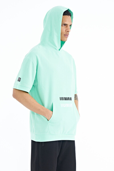 Tommylife Wholesale Aqua Green Kangaroo Pocket Hooded Men's T-Shirt - 88195 - Thumbnail