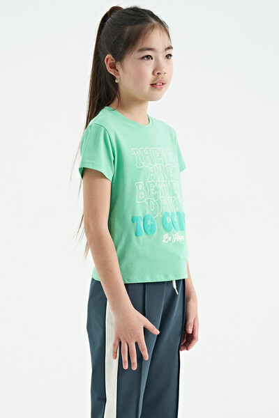 Tommylife Wholesale Aqua Green Round Neck Comfy Sleevelu Cropped Girls T-Shirt - 75118 - Thumbnail