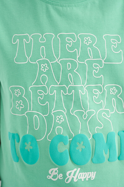 Tommylife Wholesale Aqua Green Round Neck Comfy Sleevelu Cropped Girls T-Shirt - 75118 - Thumbnail