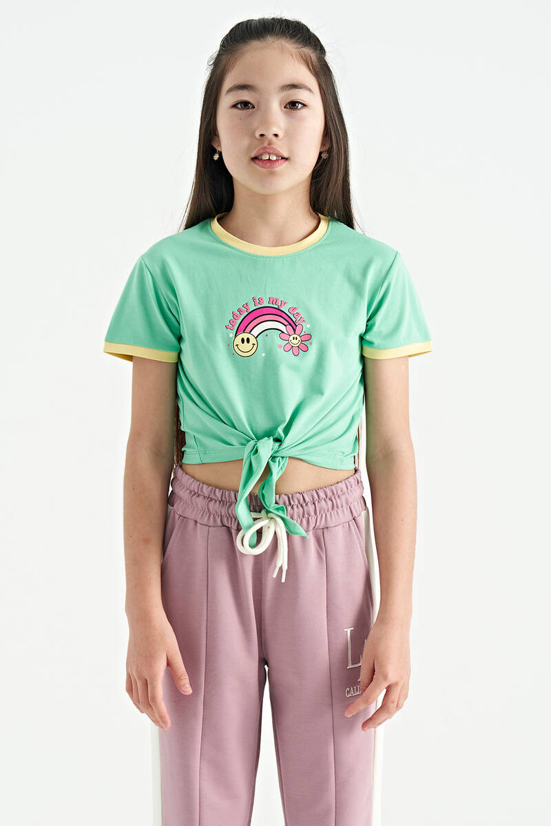 TOMMYLIFE - Tommylife Wholesale Aqua Green Round Neck Girls T-Shirt - 75113
