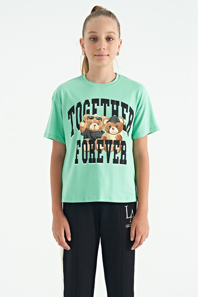 Tommylife Wholesale Aqua Green Round Neck Oversize Short Sleeve Girls T-Shirt - 75116 - Thumbnail