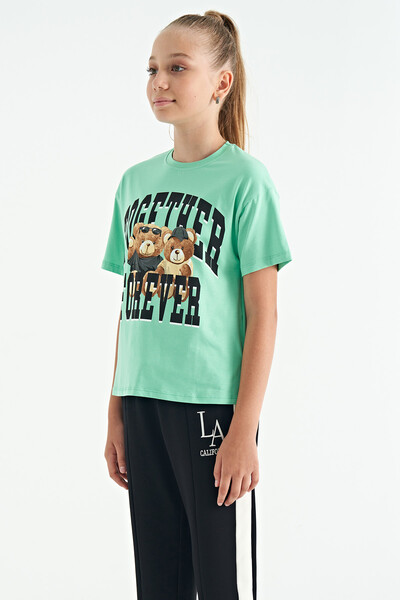 Tommylife Wholesale Aqua Green Round Neck Oversize Short Sleeve Girls T-Shirt - 75116 - Thumbnail