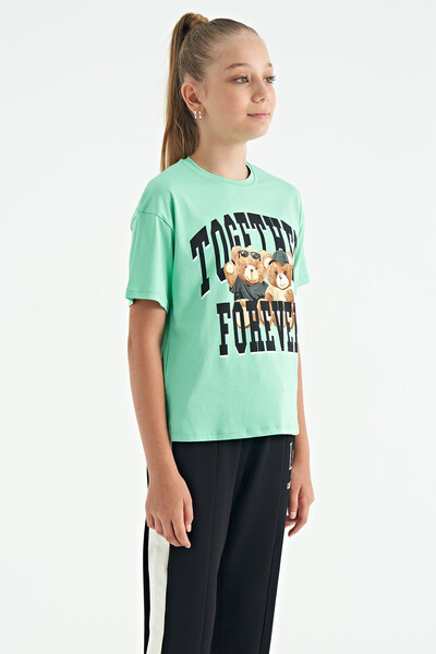 Tommylife Wholesale Aqua Green Round Neck Oversize Short Sleeve Girls T-Shirt - 75116 - Thumbnail