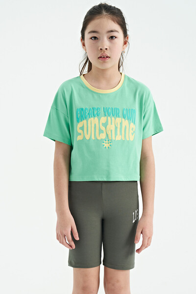 Tommylife Wholesale Aqua Green Round Neck Oversize Short Sleevelu Girls T-Shirt - 75111 - Thumbnail