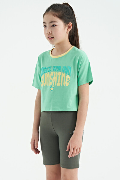 Tommylife Wholesale Aqua Green Round Neck Oversize Short Sleevelu Girls T-Shirt - 75111 - Thumbnail