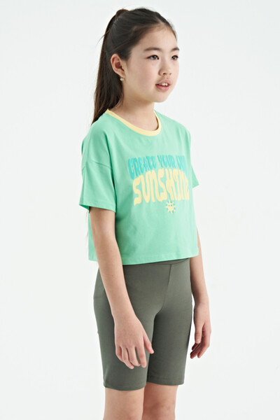 Tommylife Wholesale Aqua Green Round Neck Oversize Short Sleevelu Girls T-Shirt - 75111 - Thumbnail