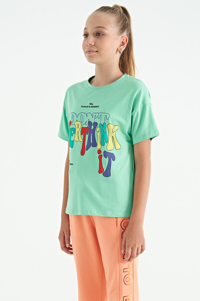 Tommylife Wholesale Aqua Green Round Neck Oversize Short Sleevelu Girls T-Shirt - 75112 - Thumbnail