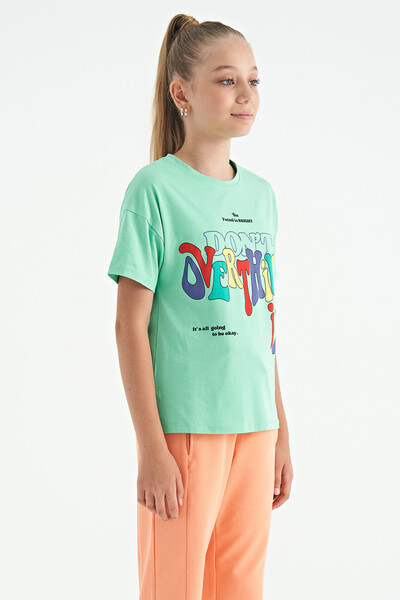 Tommylife Wholesale Aqua Green Round Neck Oversize Short Sleevelu Girls T-Shirt - 75112 - Thumbnail