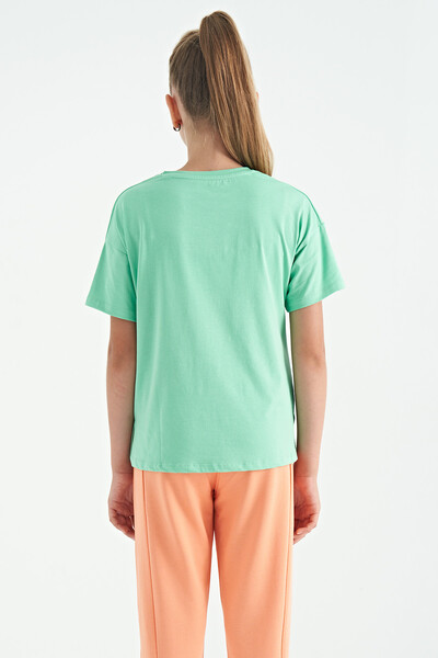 Tommylife Wholesale Aqua Green Round Neck Oversize Short Sleevelu Girls T-Shirt - 75112 - Thumbnail