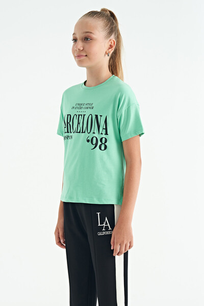 Tommylife Wholesale Aqua Green Round Neck Printed Oversize Girls T-Shirt - 75115 - Thumbnail