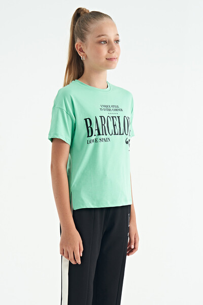 Tommylife Wholesale Aqua Green Round Neck Printed Oversize Girls T-Shirt - 75115 - Thumbnail